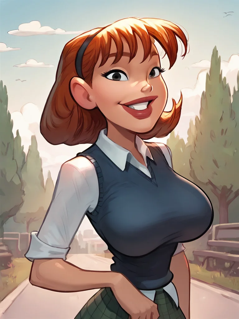 sharona, 1girl, solo, breasts, large breasts, skirt, school uniform, lips, sweater vest,looking at viewer, smile,, outdoors, <lora:SharonaPony1.0:1>, score_9, score_8_up, score_7_up, score_6_up <lora:Smooth Anime Style LoRA XL:1>