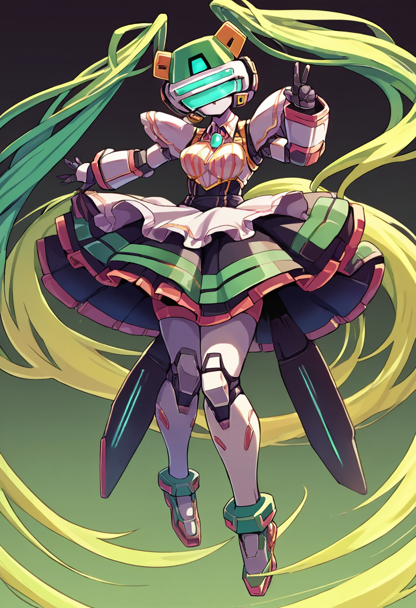 score_9, score_8_up, score_7_up, source_anime, BREAK
<lora:Pochincoff_VirtualOn_V1:1>,Pochincoff_VirtualOn,1 girl, robot, robot joints, armor, bodysuit, colored skin, shiny skin, head_mounted display,  thighhighs, mecha skirt, dark skin, 
hatsune miku, miku,maid,(green hair:1.6),(green eyes:1.6),(green colored :1.6),full body,
brown background, simple bacground,,