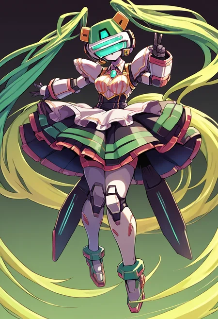 score_9, score_8_up, score_7_up, source_anime, BREAK
<lora:Pochincoff_VirtualOn_V1:1>,Pochincoff_VirtualOn,1 girl, robot, robot joints, armor, bodysuit, colored skin, shiny skin, head_mounted display, thighhighs, mecha skirt, dark skin,
hatsune miku, miku,maid,(green hair:1.6),(green eyes:1.6),(green colored :1.6),full body,
brown background, simple bacground,,