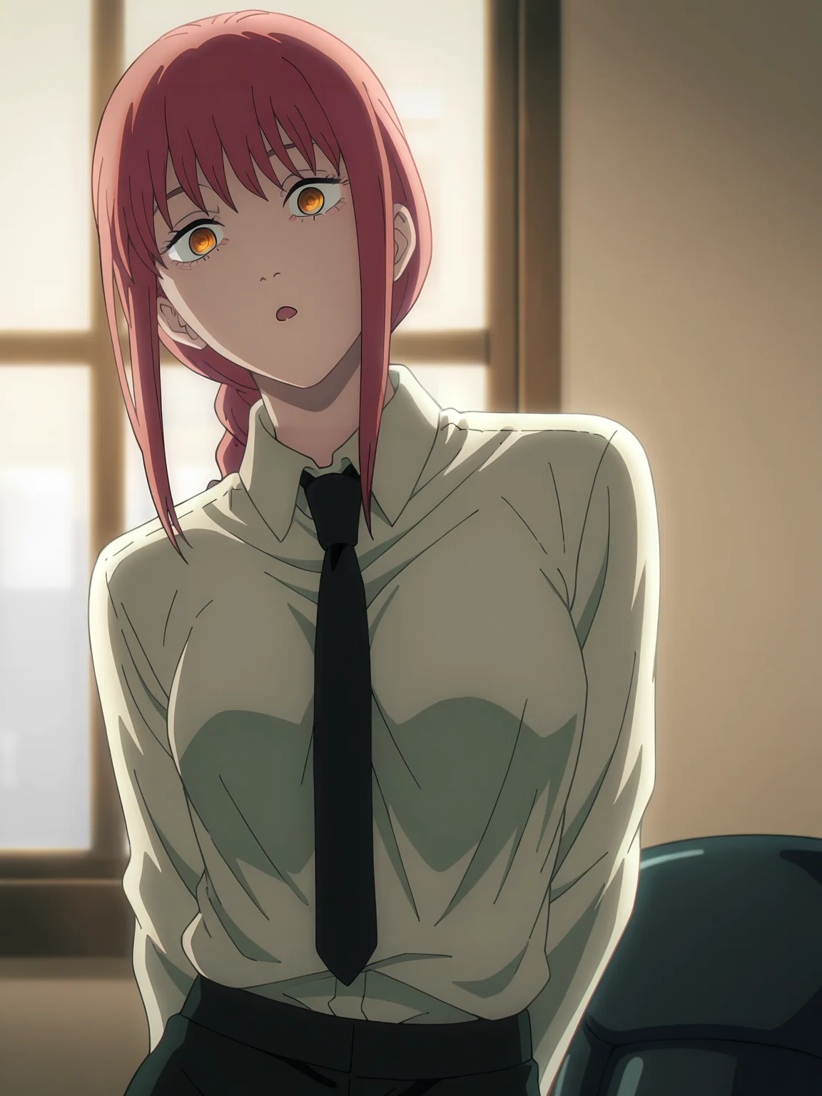 <lora:Makima:0.8>, makima (chainsaw man), 1girl, solo, yellow eyes, red hair, braided ponytail, sidelocks, shirt tucked in, black necktie, black pants, curious, :o, looking at viewer, standing, arms behind back, leaning to the side, upper body, indoors, chair, window, backlighting, day