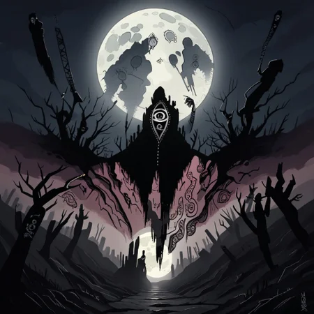 one-eyed, scenery, surreal, silhouette, full moon, torn clothes, black nails, tattoo, cigarette