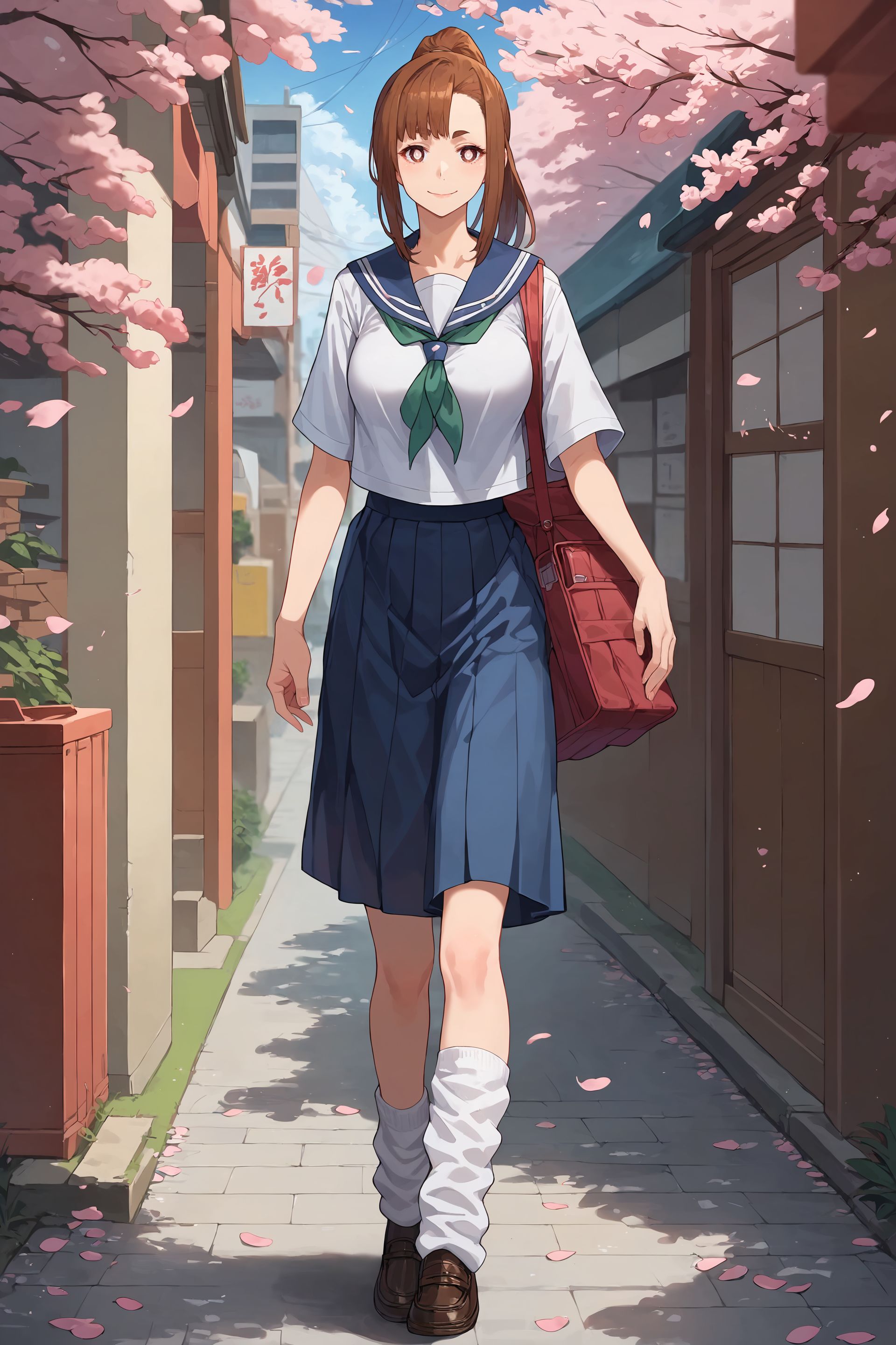 score_9, score_8_up, score_7_up, 1girl, ogawa sumireko,  solo, white pupils, ponytail, asymmetrical bangs, aged down, medium breasts, serafuku, loose socks, loafers, light smile, looking at viewer, outdoors, street, walking, full body, cherry blossoms, petals, depth of field  <lora:Char-OgawaSumireko-Pony-V1:0.8>   <lora:Expressive_H:1>