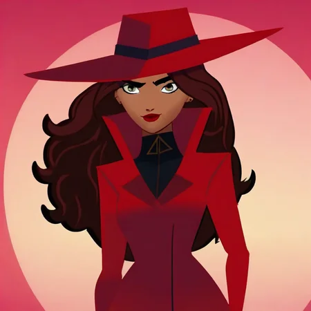 black bodysuit, Carmen, long brown hair, tan skin, red trench coat, black shoes, matching red fedora, black gloves, red lipstick, gray eyes