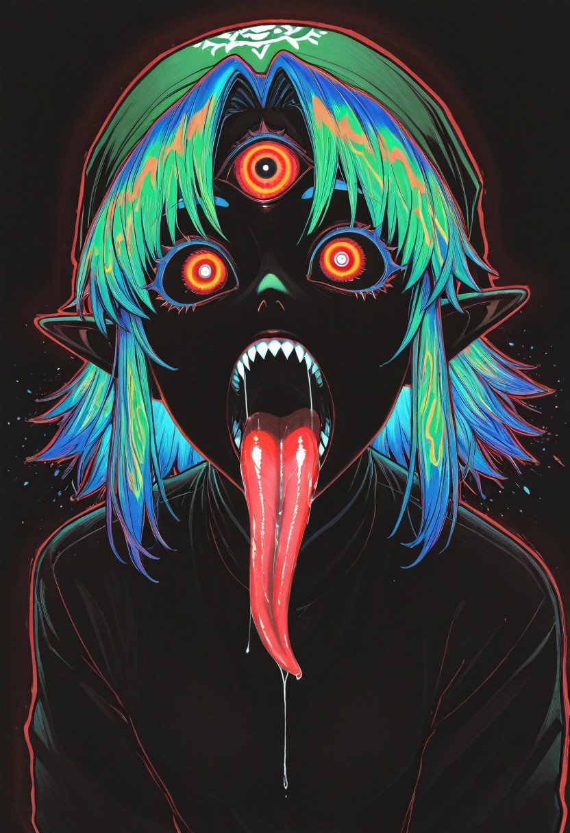 masterpiece, best quality, good quality, very awa, newest, highres, absurdres, solo, open mouth, simple background, White round eyes, majoras mask, tongue, tongue out, Link from Zelda, Green pointed hat, saliva, bandana, traditional media, sharp teeth, Red and black background, monster, one-eyed, long tongue, turquoise burning Hair, horror \(theme\), limited palette, sketch, glowing, psychedelic, <lora:illustriousXL_stabilizer_v1.23:0.3> <lora:NOOB_vp1_detailer_by_volnovik_v1:0.3> <lora:ponyv6_noobE11_2_adamW-000017:0.3> <lora:114558v4df2fsdf5:1> <lora:mon_monmon2133:0.6>