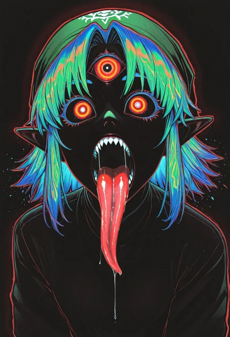 masterpiece, best quality, good quality, very awa, newest, highres, absurdres, solo, open mouth, simple background, White round eyes, majoras mask, tongue, tongue out, Link from Zelda, Green pointed hat, saliva, bandana, traditional media, sharp teeth, Red and black background, monster, one-eyed, long tongue, turquoise burning Hair, horror \(theme\), limited palette, sketch, glowing, psychedelic, <lora:illustriousXL_stabilizer_v1.23:0.3> <lora:NOOB_vp1_detailer_by_volnovik_v1:0.3> <lora:ponyv6_noobE11_2_adamW-000017:0.3> <lora:114558v4df2fsdf5:1> <lora:mon_monmon2133:0.6>