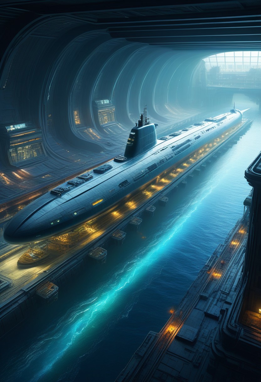 in a panoramic view，photorealistic，cyber punk style，A huge megacity built on the bottom of the sea，High-tech style complex，colourful light，High-tech submarines and unmanned ships，professional，Meistwick，commissioned，best qualtiy，color corrected，After fixation，Retouching，Improvement，Epic，Tone-mapping，the detail， highly detailed， digitial painting， art stations， Conceptual map of the long dam， Smoothness， Sharp focus， Beautiful illustration， photore， The light from the back window is backlighted， Dynamic Lighting， mist， complex， cinematic grain， professional， Volumetriclighting， subsurfacescattering， Good highlights， Good shadows， cinematic ligh