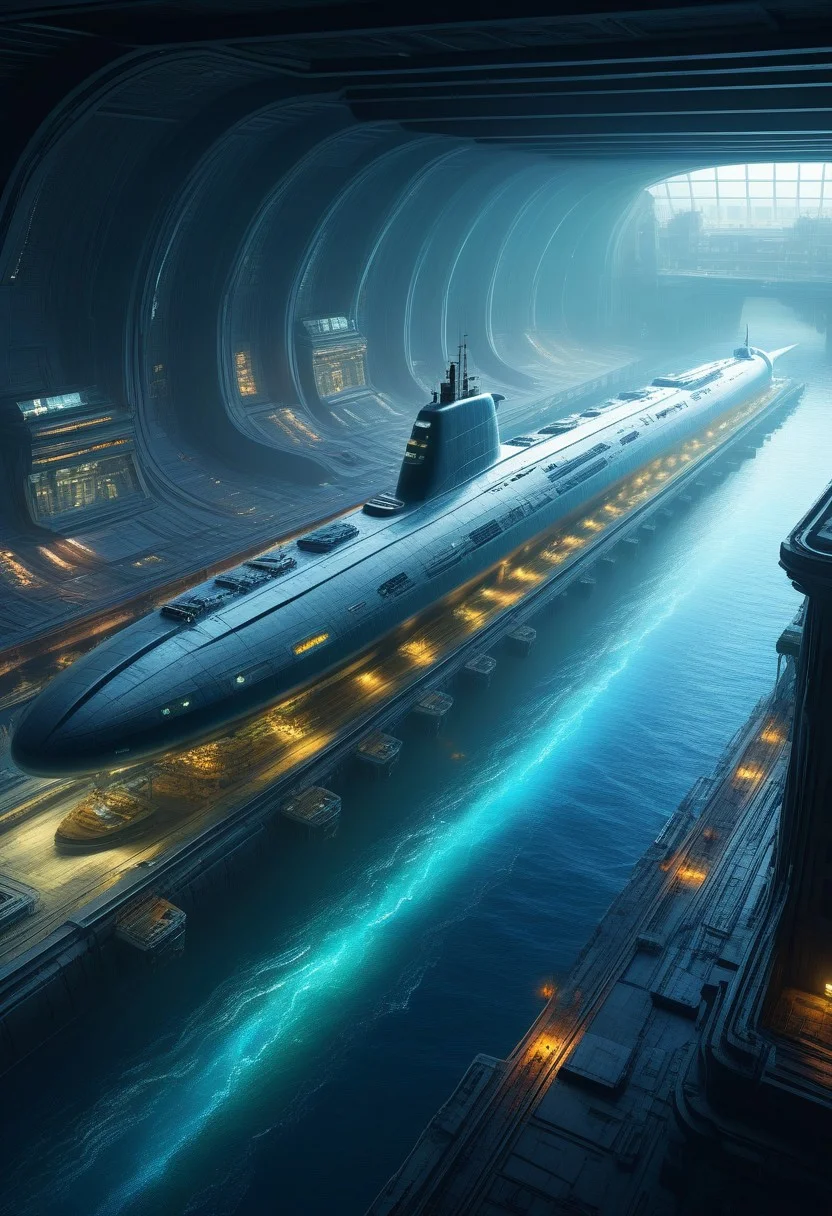in a panoramic view，photorealistic，cyber punk style，A huge megacity built on the bottom of the sea，High-tech style complex，colourful light，High-tech submarines and unmanned ships，professional，Meistwick，commissioned，best qualtiy，color corrected，After fixation，Retouching，Improvement，Epic，Tone-mapping，the detail， highly detailed， digitial painting， art stations， Conceptual map of the long dam， Smoothness， Sharp focus， Beautiful illustration， photore， The light from the back window is backlighted， Dynamic Lighting， mist， complex， cinematic grain， professional， Volumetriclighting， subsurfacescattering， Good highlights， Good shadows， cinematic ligh