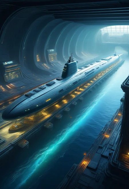 in a panoramic view，photorealistic，cyber punk style，A huge megacity built on the bottom of the sea，High-tech style complex，colourful light，High-tech submarines and unmanned ships，professional，Meistwick，commissioned，best qualtiy，color corrected，After fixation，Retouching，Improvement，Epic，Tone-mapping，the detail， highly detailed， digitial painting， art stations， Conceptual map of the long dam， Smoothness， Sharp focus， Beautiful illustration， photore， The light from the back window is backlighted， Dynamic Lighting， mist， complex， cinematic grain， professional， Volumetriclighting， subsurfacescattering， Good highlights， Good shadows， cinematic ligh