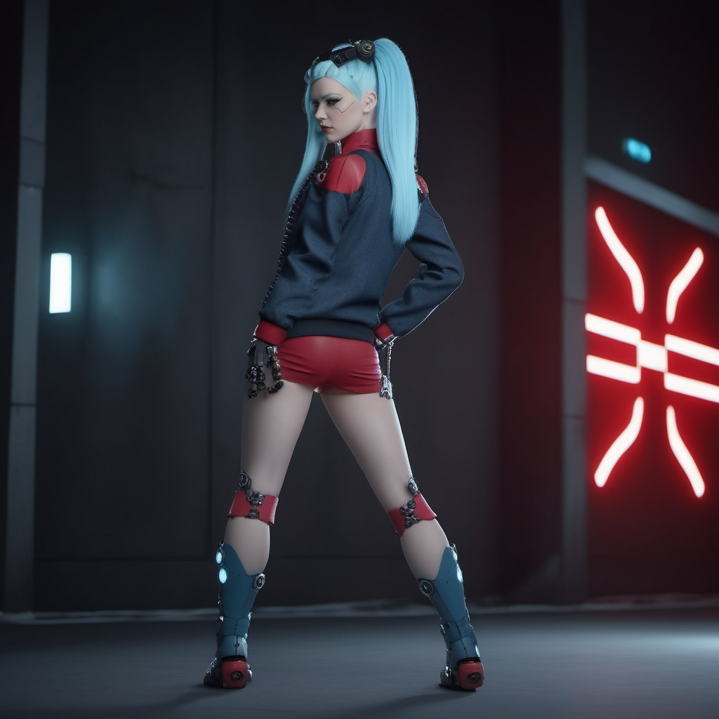 a woman, ligh blue hair, long pigtails, red tatttoos, wears a jacket, headphones, robotic big fists,  cyberpunk background, highly detailed, photography, ultra sharp, film, bokeh, professional, 64k <lora:Rebecca1024:0.8>