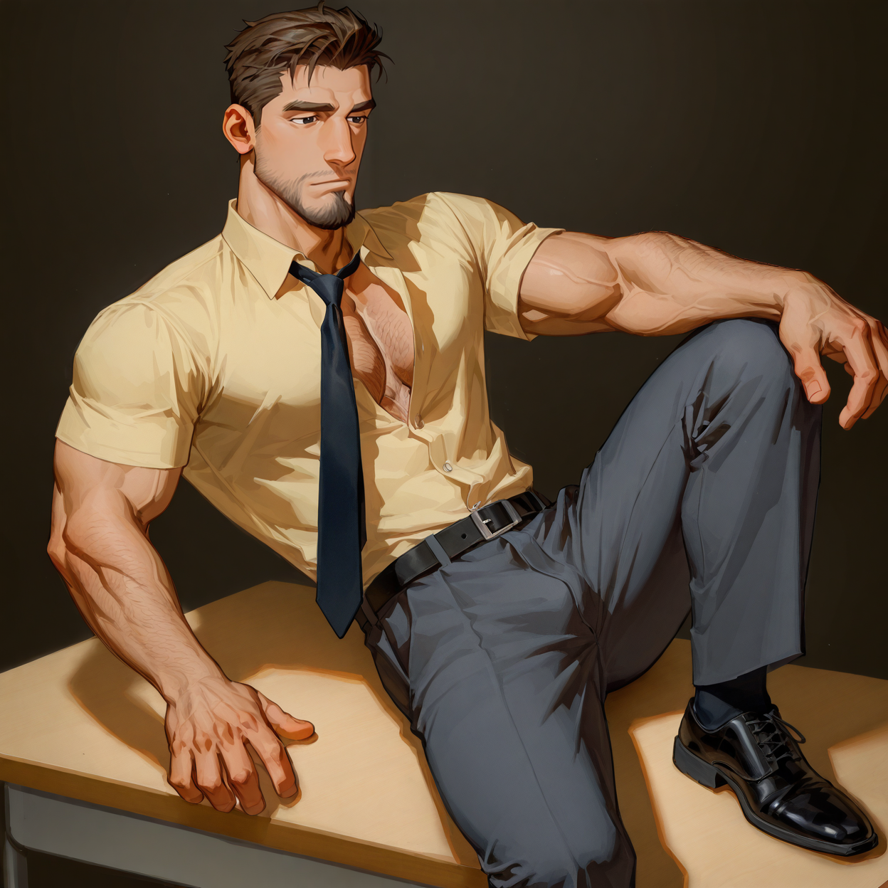 <lora:Dr._James_Possible_Kim_Possible-000008:.7> 1boy, male, male focus, solo, mature, brown hair, short hair, black eyes, yellow shirt, black tie, collared shirt, belt, grey pants, black shoes, hairy chest, bara, muscular, large pectorals, large biceps
(very short hair, beard, bara, mature, facial hair, stubble, beard, full beard, sideburn, beard, a lot of beard, ), facial hair,male focus, muscular male, muscular male, bara, mature,  bara, mature, aixiwuganda_(20222192), very awa, masterpiece, best quality, absurdres, newest, perfect quality, detailed background, intricate details,
<lora:slider_Body Type_alpha1.0_rank4_noxattn_last:3><lora:style_Anime Summer Days 2 Style SDXL_LoRA_Pony Diffusion V6 XL:.6><lora:slider_cfg_scale_boost:.7><lora:face_Artist6p-10:.55>, Artist6p, Artist04p,<lora:slider_il_brightness_slider_d1:-1><lora:slider_il_contrast_slider_d1:-1><lora:slider_DarkSlider1.2_alpha1.0_rank16_full_300steps:-.6>