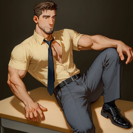 <lora:Dr._James_Possible_Kim_Possible-000008:.7> 1boy, male, male focus, solo, mature, brown hair, short hair, black eyes, yellow shirt, black tie, collared shirt, belt, grey pants, black shoes, hairy chest, bara, muscular, large pectorals, large biceps
(very short hair, beard, bara, mature, facial hair, stubble, beard, full beard, sideburn, beard, a lot of beard, ), facial hair,male focus, muscular male, muscular male, bara, mature, bara, mature, aixiwuganda_(20222192), very awa, masterpiece, best quality, absurdres, newest, perfect quality, detailed background, intricate details,
<lora:slider_Body Type_alpha1.0_rank4_noxattn_last:3><lora:style_Anime Summer Days 2 Style SDXL_LoRA_Pony Diffusion V6 XL:.6><lora:slider_cfg_scale_boost:.7><lora:face_Artist6p-10:.55>, Artist6p, Artist04p,<lora:slider_il_brightness_slider_d1:-1><lora:slider_il_contrast_slider_d1:-1><lora:slider_DarkSlider1.2_alpha1.0_rank16_full_300steps:-.6>