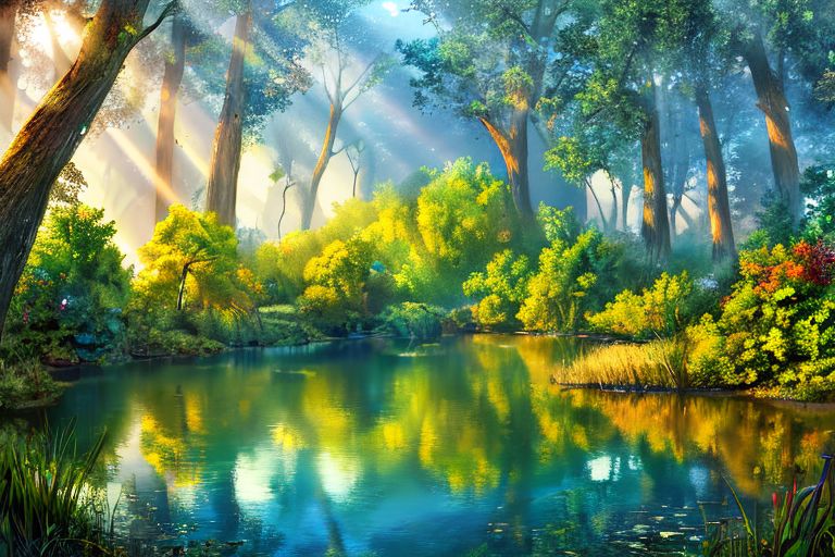 (masterpiece:1.2), (best quality,:1.2), 8k, HDR, ultra detailed, ((photorealistic)), professional light, cinematic lighting, fashion photography, ambient lighting, face lighting,  <lora:detail_slider_v4:4.>, a small lake in a forest, sunlight, godrays, reeds, FanFo, <lora:FantasyForest-10:0.9>, epiCPhoto