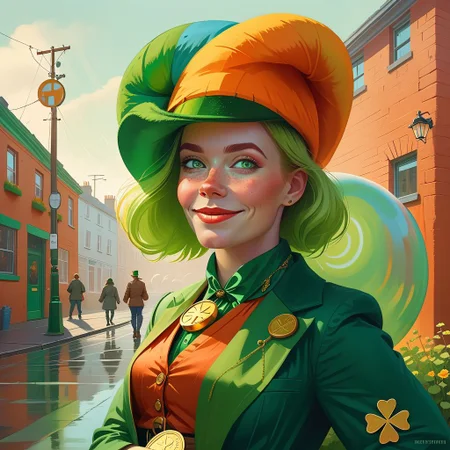 Front 3/4 view portrait IRELAND themed Picture illustration of a
hilariously happy androgynous 25yo woman happily hugging a
massive, translucent, multicolor, human-sized leprechaun-shaped thing.
The woman is looking straight to the viewer with charming eyesight, and sensually parted lips.
The lips are ireland themed.
Celtic symbols, golden coins, quarterfoils and St. Patrick's Day elements are scattered all around.
Many details everywhere. Ray-Tracing. Anti-Aliasing. Realistic reflections. Realistic soft shadows. Ironic.
Spiritual.
Partially introspective.
Uplifting.
Slightly desaturated colors. 
Visible paint strokes.  
Insane quality. Insane resolution. Insane details. Masterpiece. 
By Simon Stalenhag.
16k resolution