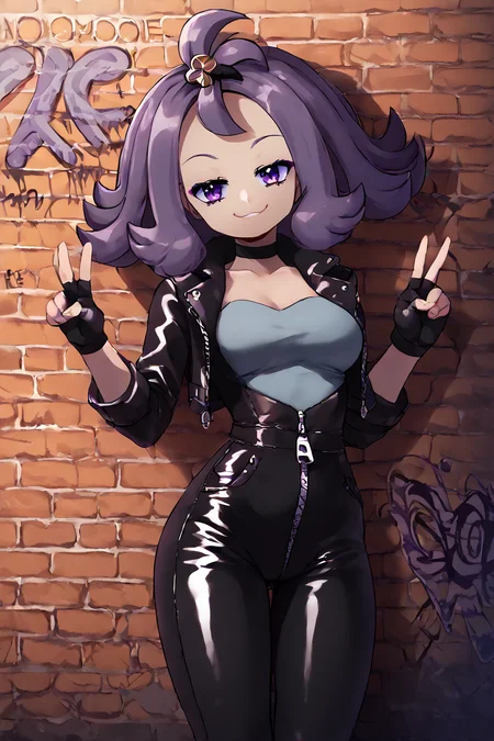 high resolution, highly detailed, perfect lighting, beautiful detailed eyes, ((masterpiece,best quality)), absurdres, solo, <lora:Acerola_Pokemon_P1:0.8>, acerola (pokemon), purple hair, purple hair, topknot, flipped hair, medium breasts, solo, smile, looking at viewer, leather jacket, leather pants, black jacket, tight pants, black choker, zipper, fingerless gloves, multiple belts, shiny clothes, (graffiti:1.2), brick wall, leaning on wall, smirk, smug, v, head tilt, shiny clothes, <lora:LunarCAT_Style:0.8>,