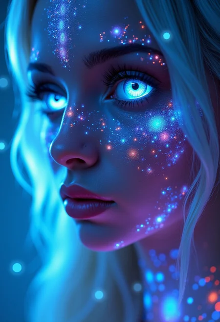 Create a close-up image of a fantasy maidens face. Her skin glows with a soft,ethereal light and is adorned with neon tattoos that cover her face in intricate patterns. The tattoos emit a magical glow that illuminates her delicate features. Her eyes are large and bright,subtly changing between shades of blue and white,as if holding an ocean within them. Her long,silver hair frames her face,adding a splash of magic to the scene. The background features a starry sky that enhances the dreamy atmosphere,fantasy art,<lora:ImageUpgraderV2:1>,