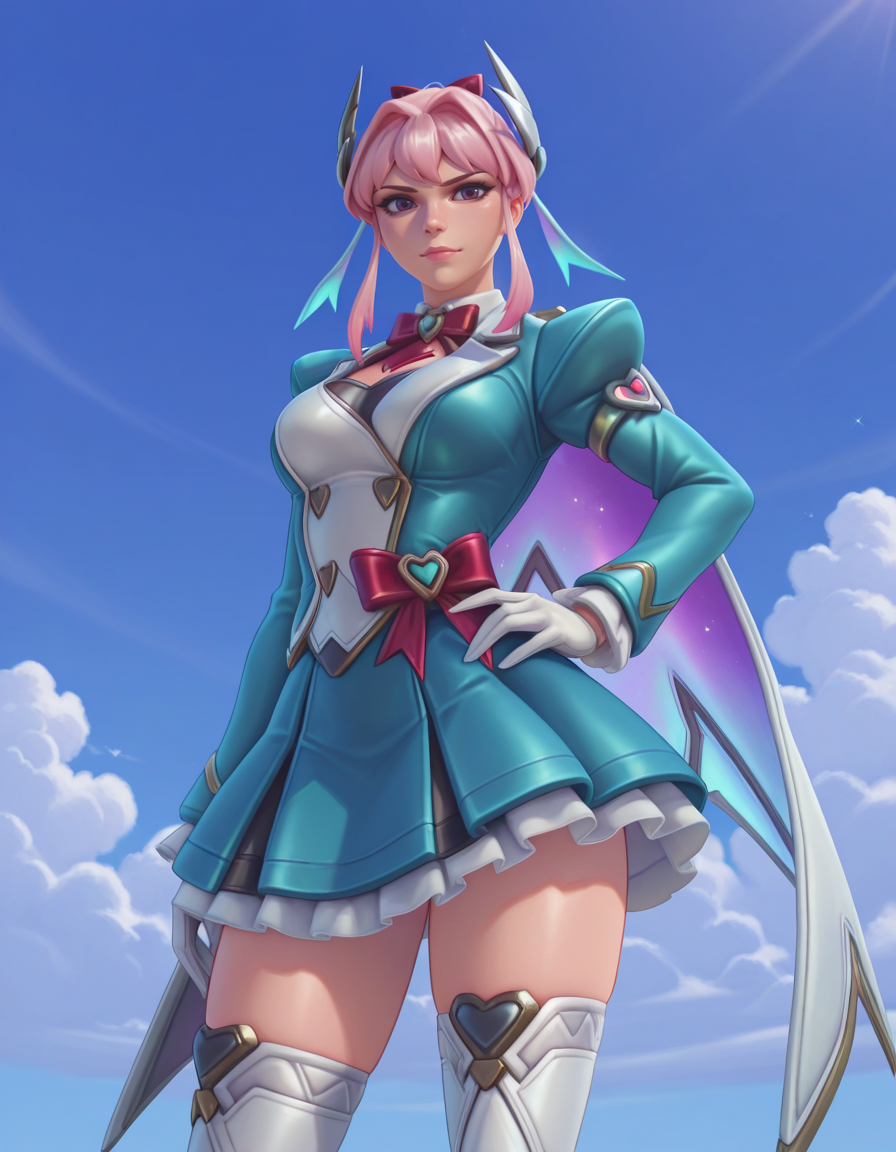 Masterpiece, high-res, 2k, best quality, 2.5d, 1girl,  freja courage, freja (overwatch)  Elegant Hand on Hip: Stand with one hand placed confidently on your hip creating a pose that exudes both power and femininity.<lora:Freja_doki_illus-000037:1> sky background, clouds