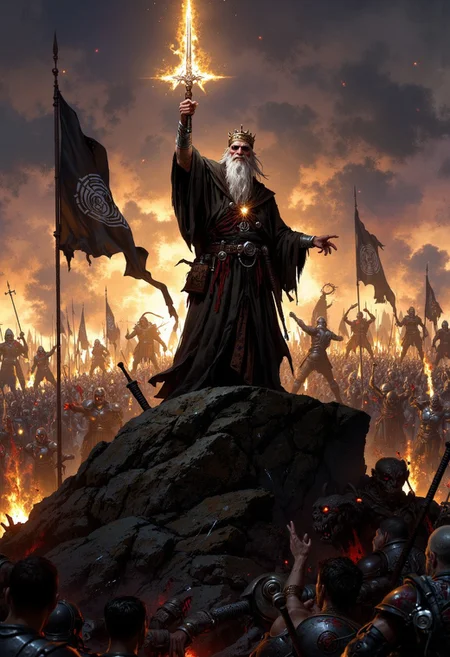At the top of a hill, a blinded and frail elderly wizard wearing loose black robes, a simple crown upon his head, and a blindfold covering his eyes, stands proud and commanding, he holds a glowing sword up to the sky, the blade has an aura of golden light that flashes across the scene, flinging shards of light in all directions. Behind him hangs a tattered black banner. Below him, fighting around the hill, men, demons, beasts and armies clash, blood, gore, chaos violence, and eyes glowing golden in the fading light.