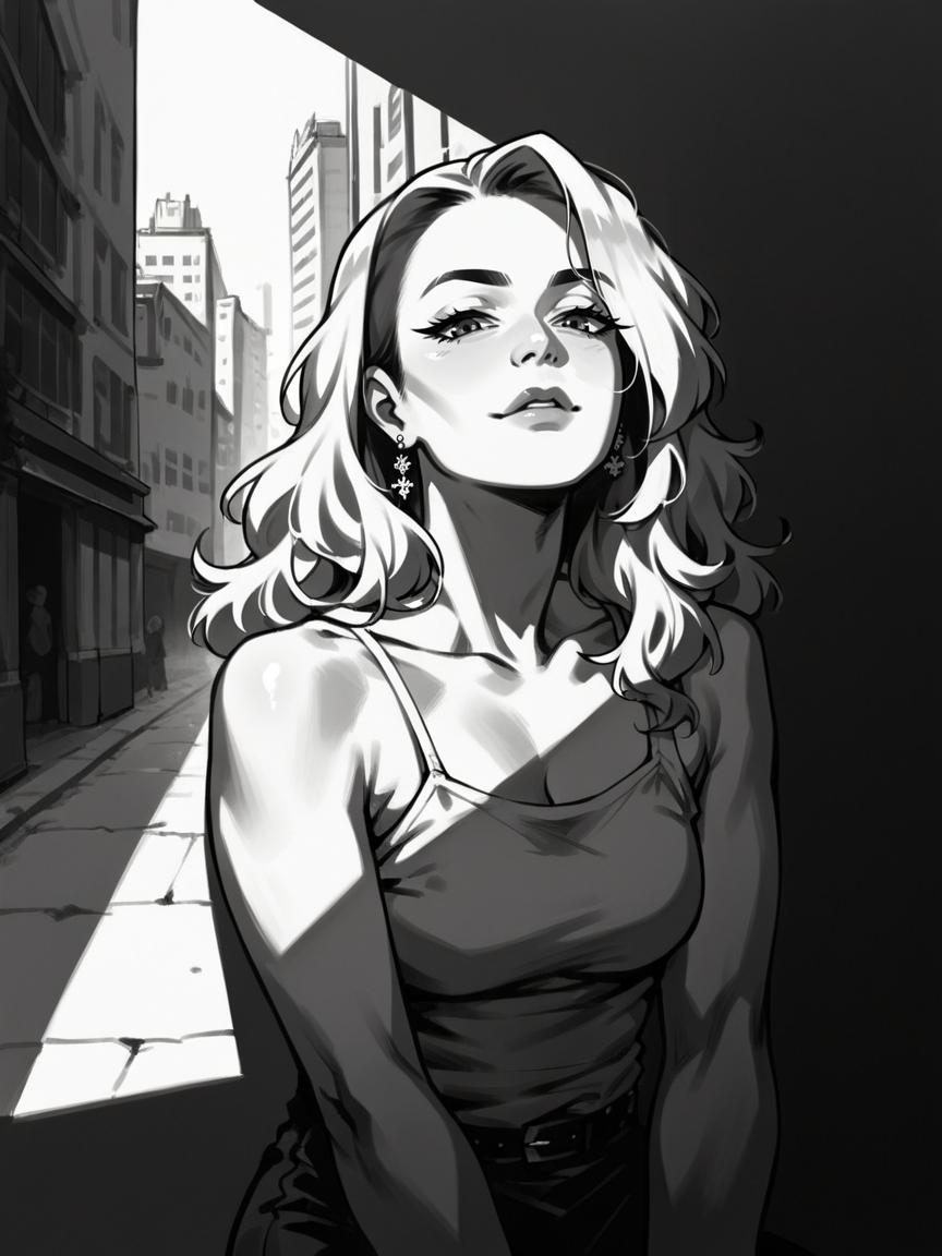 score_9, score_8_up, score_7_up, score_6_up, score_5_up, score_4_up,  <lora:c0ntr4stbwXLP:0.8> c0ntr4st, monochrome, high contrast, citym 1girl, looking at viewer,
