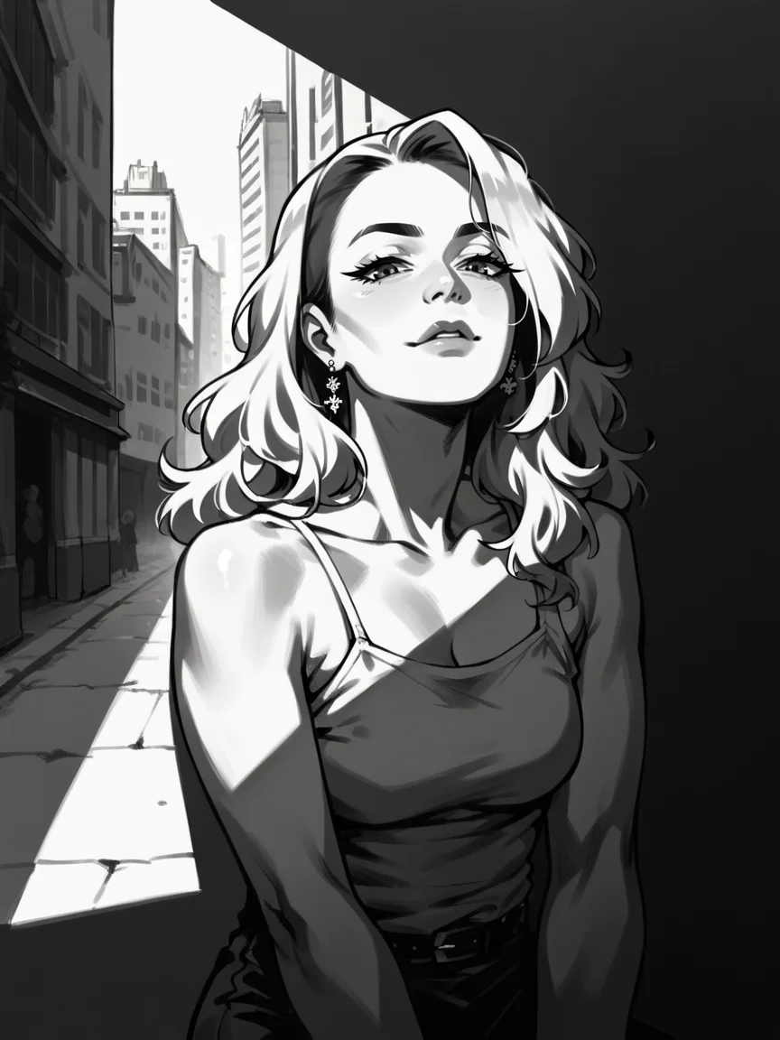 score_9, score_8_up, score_7_up, score_6_up, score_5_up, score_4_up, <lora:c0ntr4stbwXLP:0.8> c0ntr4st, monochrome, high contrast, citym 1girl, looking at viewer,