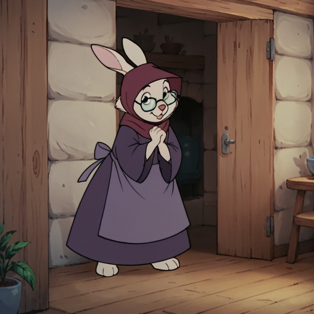 score_9, score_8_up, score_7_up, score_6_up, score_5_up, score_4_up, source_furry, motherrabbitRH, semi-anthro, female, rabbit, white fur, rabbit ears, glasses, purple dress, purple scarf, purple apron, standing, inside, hood, own hands together, looking at viewer, <lora:23f781b4-dd95-4f6b-a8aa-03837ab4ff94:0.7>