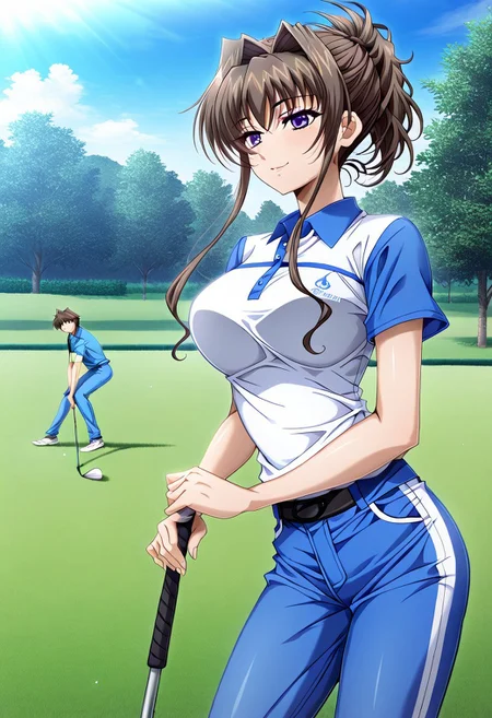 masterpiece, best quality, newest, highres, uncensored, 1girl, yokota mamoru style,1girl,
Yaginuma Shizuka,Brown Hair, Intake Hair, Spiky Bangs,Violet Eyes,Young,slim
Swing on the golf course and enjoy the quiet time,golf,golf suit,day,sunshine,happy,blue jeans