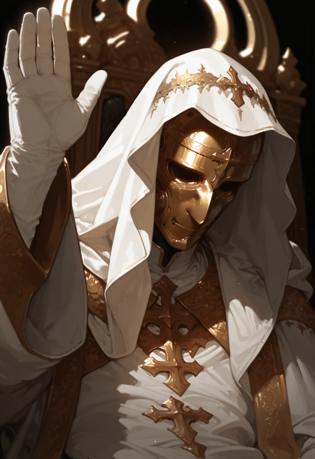 1boy, solo, male focus, robe,, veil, , long sleeves, hood, , hand up, arm up, jewelry, facing viewer, hood up,, , wide sleeves, , white robe, black background, white gloves, gold trim, metal full face mask, cleric robe, catholic, throne, sitting on throne, gold designs, embroidery, face covered, masterwork, masterpiece, best quality, , dynamic pose,, dynamic angle, , , (realistic:1.2), (lineless:1.2), detailed, <lora:Detailer_NoobAI_Incrs_v1:0.75>, , aged up, adult, depth of field, , blurry, cheekbones, dynamic lighting