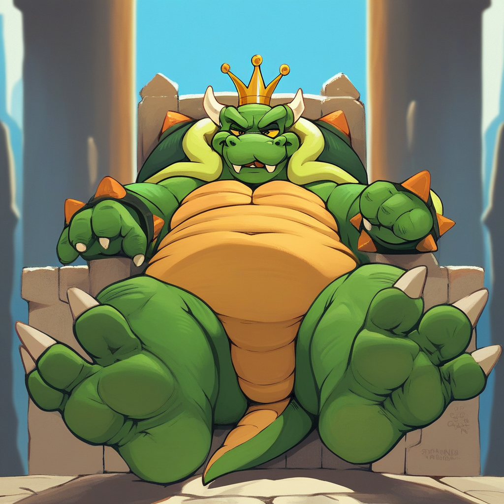 score_9, score_8_up, score_7_up, score_6_up, score_5_up, score_4_up, king koopa, turtle, furry, chubby, fat, green skin, yellow belly, reptile, crown, spiky shell, horns, spiky bracelets, three toes, castle background, dungeon scenery sitting on a throne, smilng