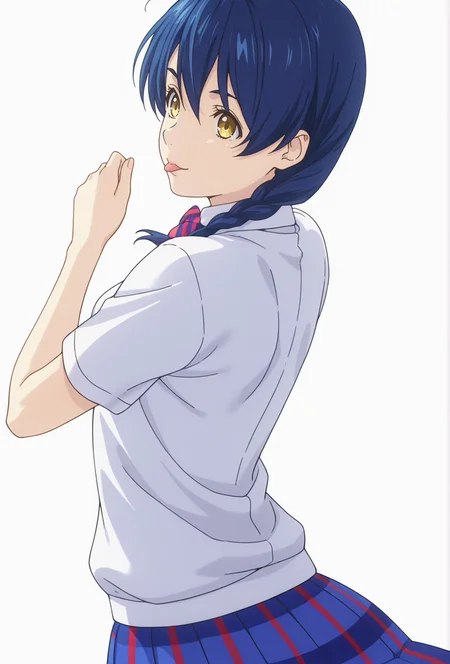 Smooth Quality,masterpiece,very intricate, high quality details, ultra realistic, high detailed skin,detailed enviorement,absurdres,
simple background, white background,solo,dancing, wind, 
from behind,:p,
 <lora:FoodWCNN:0.8> foodwarstylecnn,
 megumi_cnn, 1girl, blue hair, yellow eyes, twin braids, otonokizaka school uniform, striped bowtie