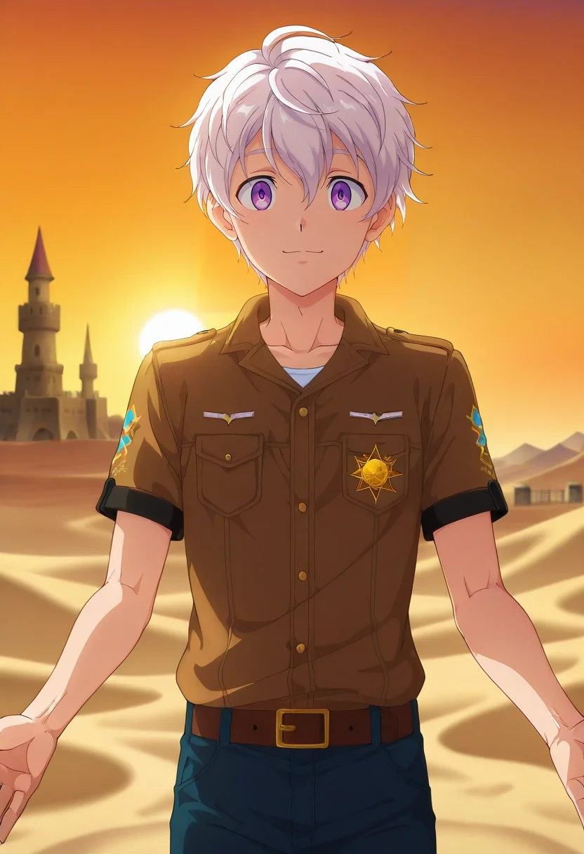 masterpiece, best quality, intricate details, anime screencap, anime coloring, official style, looking at viewer, , 1boy, solo, male focus, <lora:felix_clermont_ilxl:0.96>, felix_clermont, white hair, purple eyes, ahoge, , desert palace, sand towers, sun courts, wind gardens, noble pose, regal expression, golden hour, texan costume