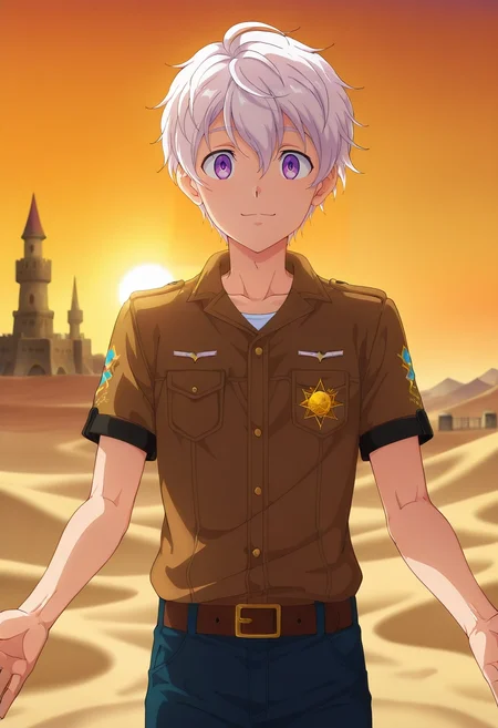 masterpiece, best quality, intricate details, anime screencap, anime coloring, official style, looking at viewer, , 1boy, solo, male focus, <lora:felix_clermont_ilxl:0.96>, felix_clermont, white hair, purple eyes, ahoge, , desert palace, sand towers, sun courts, wind gardens, noble pose, regal expression, golden hour, texan costume