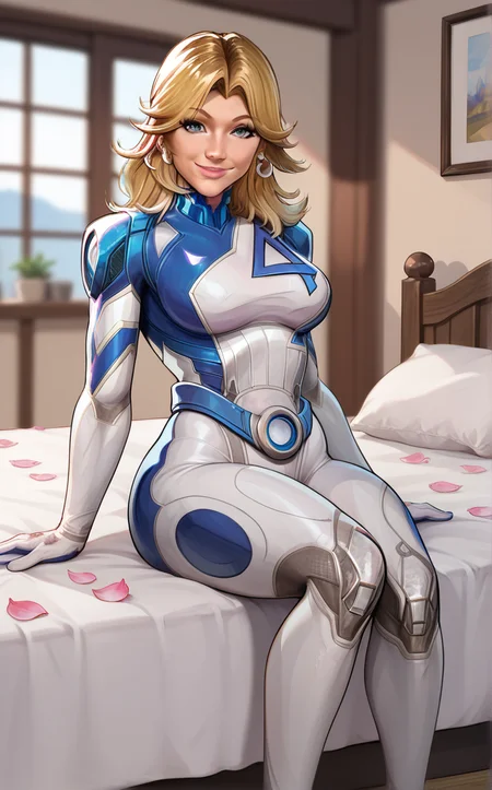 score_9, score_8_up, score_7_up, yokozuwari, barefoot, bed, blurry background, depth of field, indoors, on bed, petals, pillow, shouji, sitting, sliding doors, arm support, looking at viewer, smile, toes, bloom, sidelighting,   <lora:PONYXL_MarvelRivalsSueStorm_ownwaifu:1>, BREAK PONYXL_MarvelRivalsSueStorm_ownwaifu, 1girl, blue belt, blue bodysuit, flipped hair, long legs, narrow waist, number print, skin tight, toned, two-tone bodysuit, white bodysuit, blonde hair, blue eyes, lips, long hair, jewelry, medium breasts, hoop earrings, nose, gloves, large breasts, superhero, earrings, blue gloves, parted bangs, multicolored clothes, bangs, pilot suit, white gloves, multicolored bodysuit, shiny hair, pink lips, thick eyebrows, thick thighs, turtleneck, covered abs, <lora:add-detail-xl:0.15>,