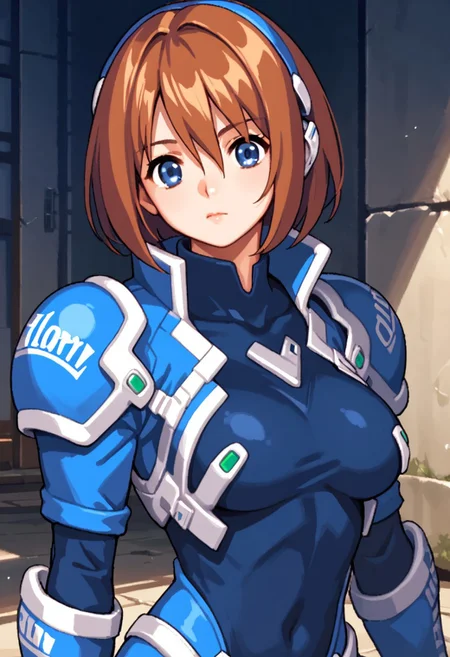 score_9, score_8_up, score_7_up, score_6_up, score_5_up, score_4_up, source_anime, Gloria Chanvalley, blue eyes, short hair, brown hair, armor, bodysuit, ear pad,