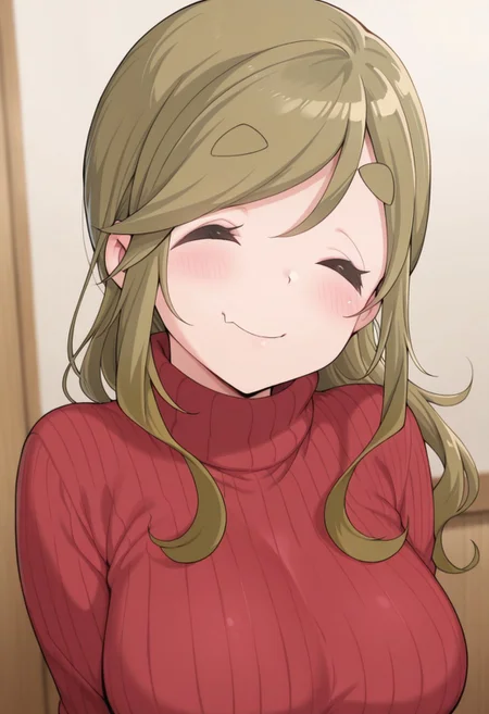 masterpiece,best quality,amazing quality, inuyama aoi, brown hair,  long hair, 1girl, solo, closed eyes, sweater, thick eyebrows, fang, skin fang, smile, red sweater, turtleneck, fang out, turtleneck sweater, closed mouth, ribbed sweater