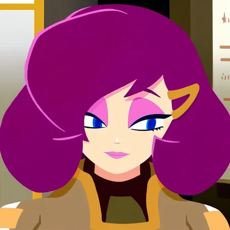 professor_victoria, prof_tori, 1girl, solo, smile, short hair, blue eyes, shirt, hair ornament, closed mouth, upper body, indoors, hairclip, medium hair, looking to the side, makeup, turtleneck, portrait, lipstick, eyeshadow, brown jacket, pink lips, pink eyeshadow, purple eyeshadow, magenta hair