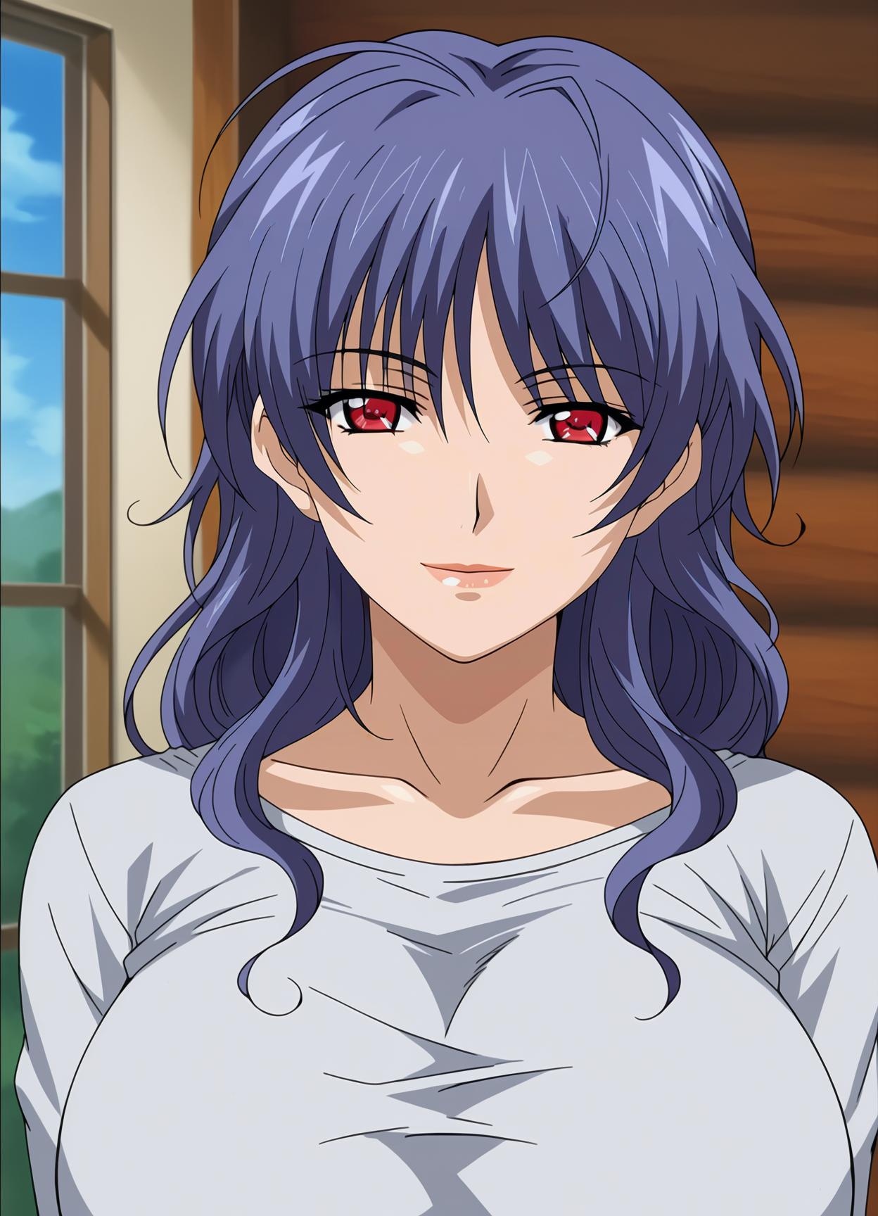 <lora:Akane-Futago_no_Haha_Seihonnou:0.85>,mm,mature female,1girl,solo,blue hair,red eyes,long hair,large breasts,shirt,upper body,looking at viewer,indoors,smile