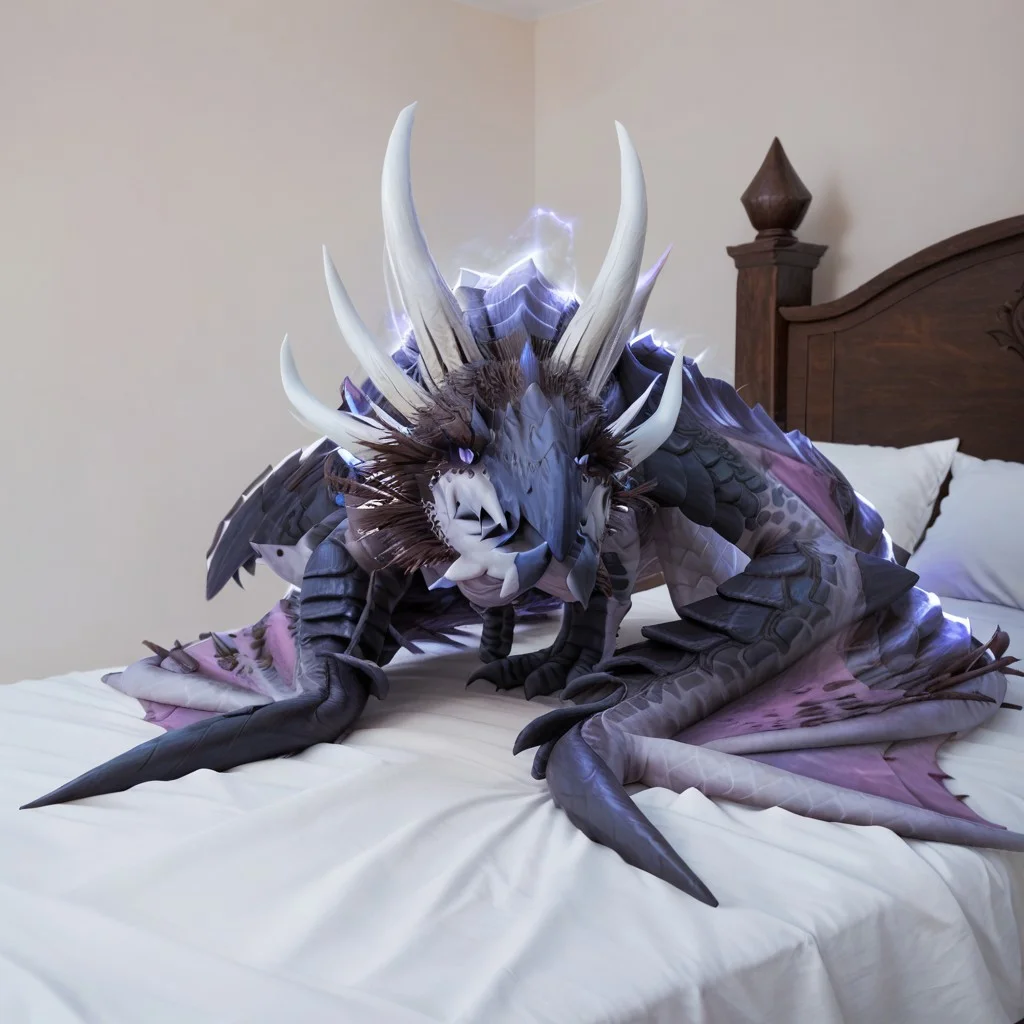 score_9, score_8_up, score_7_up, score_6_up, masterpiece, high quality, realistic, detailed, best quality, white bed, 1girl, solo, rating_safe, source_furry, bedroom, smiling, seductive, (looking at viewer), on bed, full body, close up , razageth_wc, dragon, scales, wings, horns, tail, (wyvern), female, 1girl, feral, purple sclera, purple eyes, glowing eyes, no hands, no claws