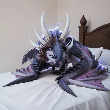 score_9, score_8_up, score_7_up, score_6_up, masterpiece, high quality, realistic, detailed, best quality, white bed, 1girl, solo, rating_safe, source_furry, bedroom, smiling, seductive, (looking at viewer), on bed, full body, close up , razageth_wc, dragon, scales, wings, horns, tail, (wyvern), female, 1girl, feral, purple sclera, purple eyes, glowing eyes, no hands, no claws