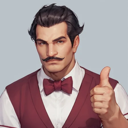 Score_7_up, score_8_up, upper body, solo male, JoFather, mustache, red vest, collared shirt, bowtie, (thumbs up), looking at viewer, simple background,