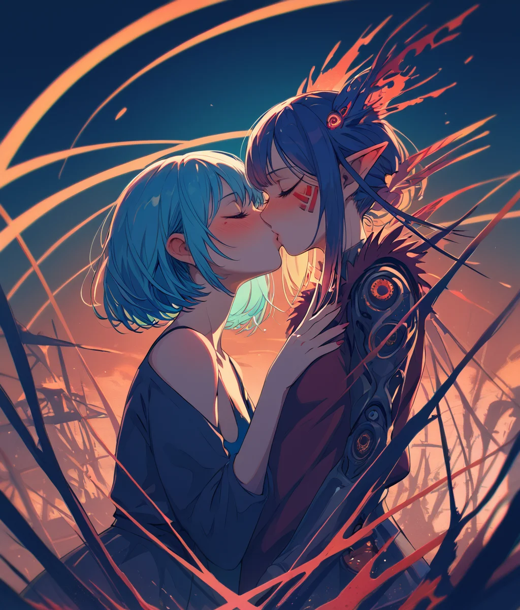 PDXL, <lora:BerryVerrineV1-PDXL:1>, b3rryv3rr1ne,
2girls, closed eyes, blushing, kissing,
(surreal)
