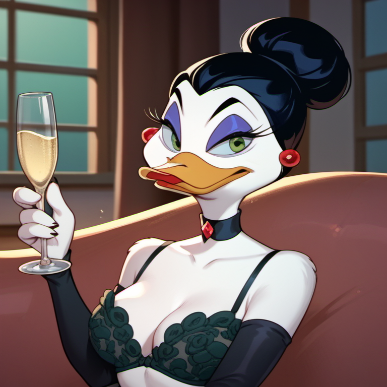 score_9, score_8_up, score_7_up, 1girl, solo, mvdt2, duck, beak, furry, expensive lingerie, furry female, green eyes, jewelry, makeup, hair bun, black hair, holding champagne, upper body, looking at viewer, no humans, <lora:mvdt2:1>,