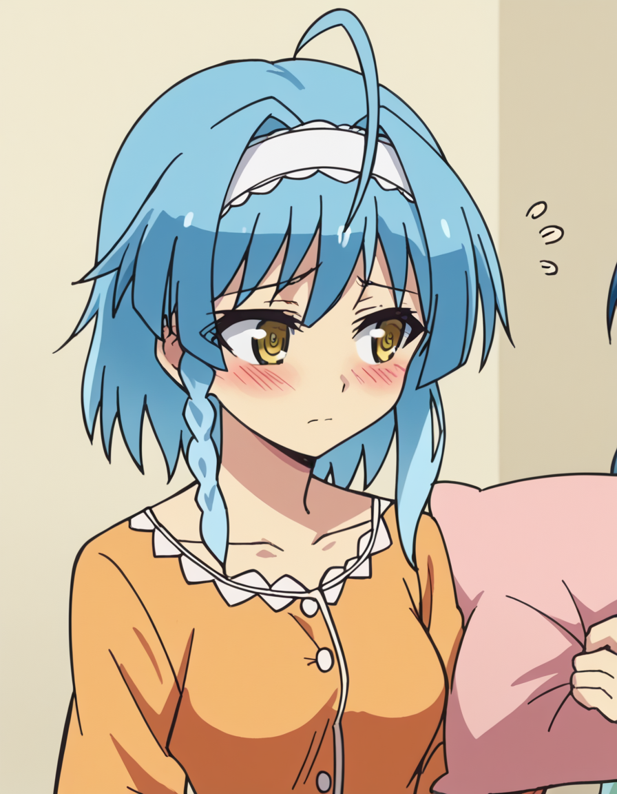 score_9, score_8_up, score_7_up, source_anime, <lora:yuki-nonaka-s2-ponyxl-lora-nochekaiser:1>, yuki nonaka, long hair, short hair, blue hair, yellow eyes, braid, ahoge, hairband, side braid, medium breasts, anime screencap,, <lora:yes-no-pillow-ponyxl-lora-nochekaiser:1>, yes-no pillow, holding, pillow, flying sweatdrops, yes, holding pillow, blush, looking to the side, english text, bedroom, pajamas, cowboy shot, dutch angle,, , cowboy shot, solo