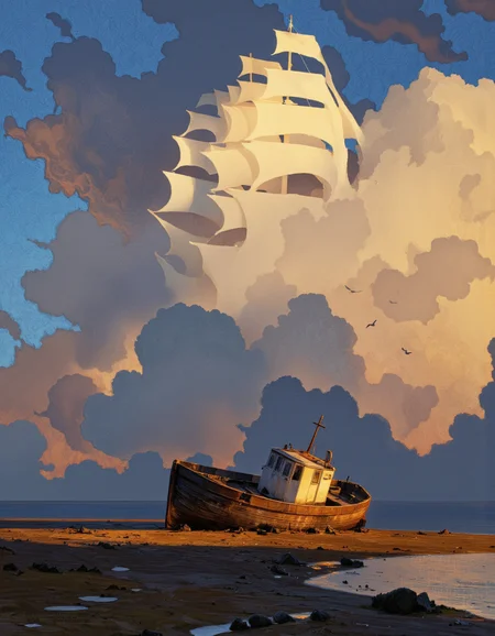 By Artem Chebokha. A side-on digital illustration depicting a shipwreck on a beach under a dramatic, cloudy sky at sunset. The image also shows seagulls flying near the ship. In the center of the image, an old wooden boat rests on the beach, partially submerged. The ship appears old and weathered, with a cross on the stern. The sky is populated by large, fluffy clouds in shades of blue, orange, and yellow. The majestic silhouette of a large, three-masted ship blends into the white clouds; it has a ghostly appearance with all its sails outstretched and billowing in the wind. The colors blend together to create a moody atmosphere, with the clouds adding depth and dimension to the image.