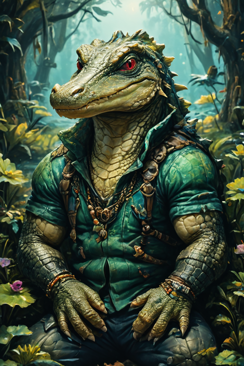 Detailed digital portrait of an anthro Alligator (Resting on elbows, relaxed charm) at a Bioluminescent forest in perpetual twilight, <lora:xl_more_art-full_v1:0.5>,  <lora:The_Crazy_Style:0.7> <lora:anthro_muscular:0.7>