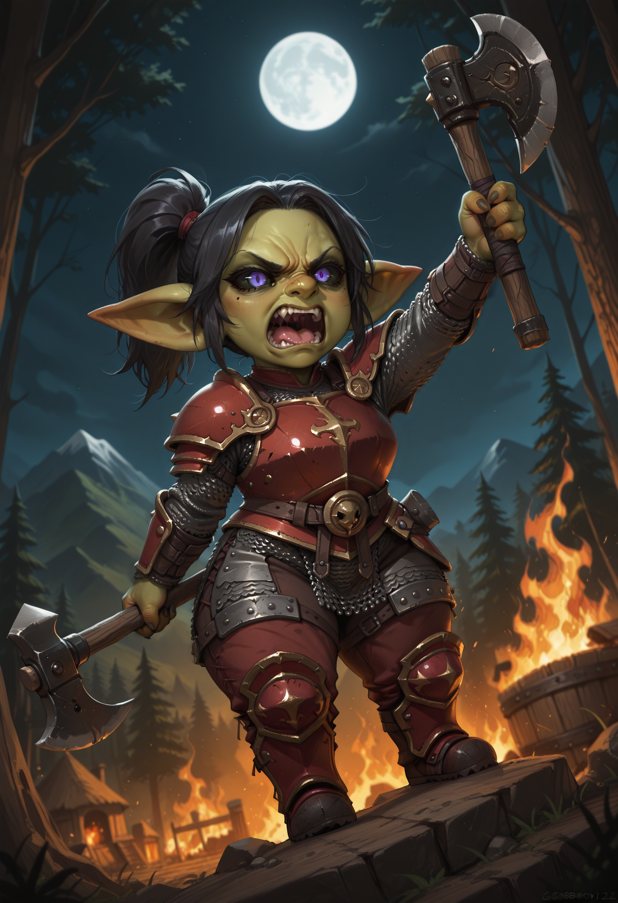 masterpiece, best quality, amazing quality, very aesthetic, absurdres, newest, sgobbostyle2, solo, female goblin, shortstack, plump, mature, big nose, black sclera, violet eyes, black hair, twin ponytail, red armor, chainmail pants,  raised arm, holding axe, scowl, yelling, angry, burning village, night, forest, moon, mountain, <lora:Gobbo_Style_Type2a:0.8>