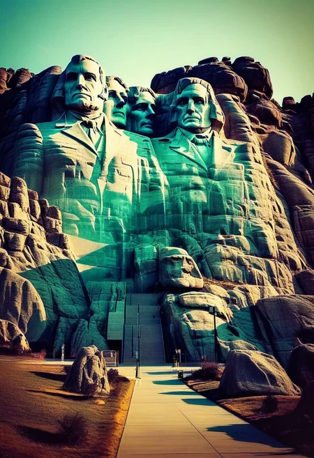 ()Hyoer Realistic:2.0)Polaroid picture
(Cyberpunk future theme:1.67) The Mount Rushmore National Memorial is a national memorial centered on a colossal sculpture carved into the the Black Hills near Keystone, South Dakota,