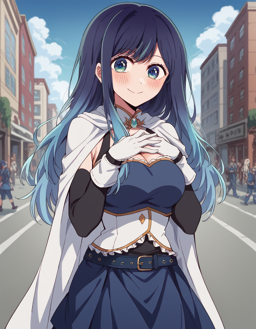 score_9, score_8_up, score_7_up, source_anime, <lora:akane-kurokawa-s2-ponyxl-lora-nochekaiser:1>, akane kurokawa, long hair, bangs, blue eyes, large breasts, black hair, blue hair, multicolored hair, gradient hair,, <lora:miki-sayaka-cosplay-ponyxl-lora-nochekaiser:1>, miki sayaka cosplay, miki sayaka (cosplay), belt, black sleeves, blue skirt, cape, cosplay, dress, gloves, gem, skirt, sleeveless, sleeveless dress, white cape, white gloves,, streets, outdoors, smile, blush, hands on own chest, cowboy shot, looking at viewer,