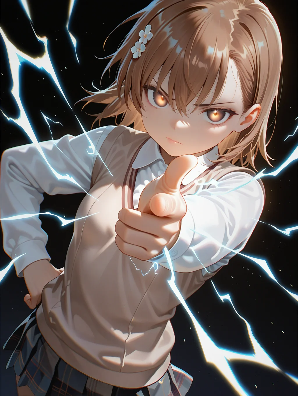 Jiaoyistyle,misaka mikoto,
1girl,finger gun,aiming at viewer,hand focus,foreshortening,solo,skirt,looking at viewer,brown hair,shirt,brown eyes,white shirt,long sleeves,collared shirt,breasts,sweater vest,closed mouth,small breasts,vest,dark background,electricity,electrokinesis,standing,hand on hips,tokiwadai school uniform,psychic,
chiaroscuro,glowing eyes,light particles,radiant reflections,dutch angle,dynamic pose,<lora:JaoyistyleV3.0-000018:1>,
