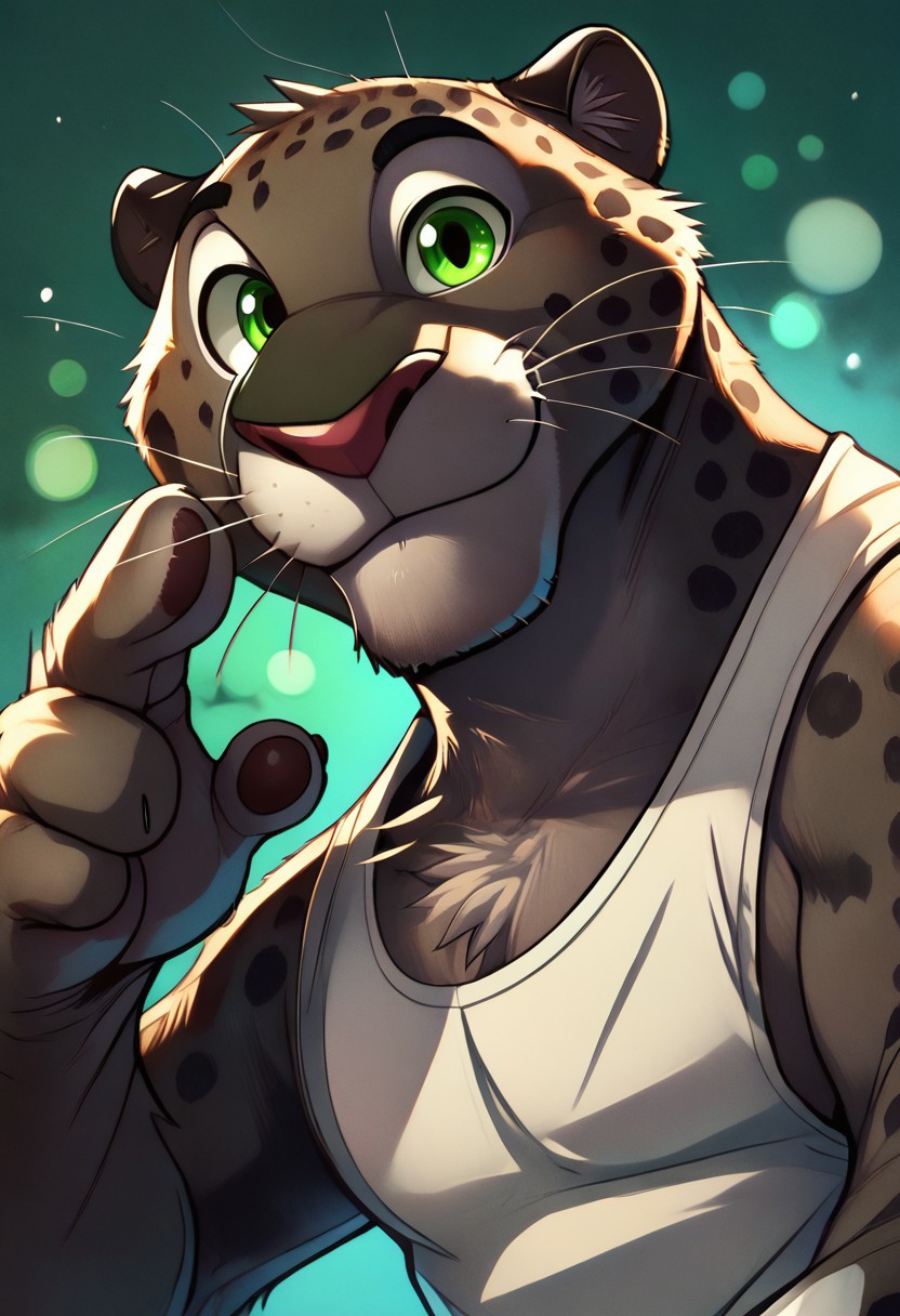 score_9_up, score_8_up, score_7_up, BREAK,  MrManchas
black jaguar, spotted fur, melanistic jaguar, black fur, green eyes, scare on right eye, hand up, close up, smile, half updo, male focus, bokeh, halftone_pattern, white tank top