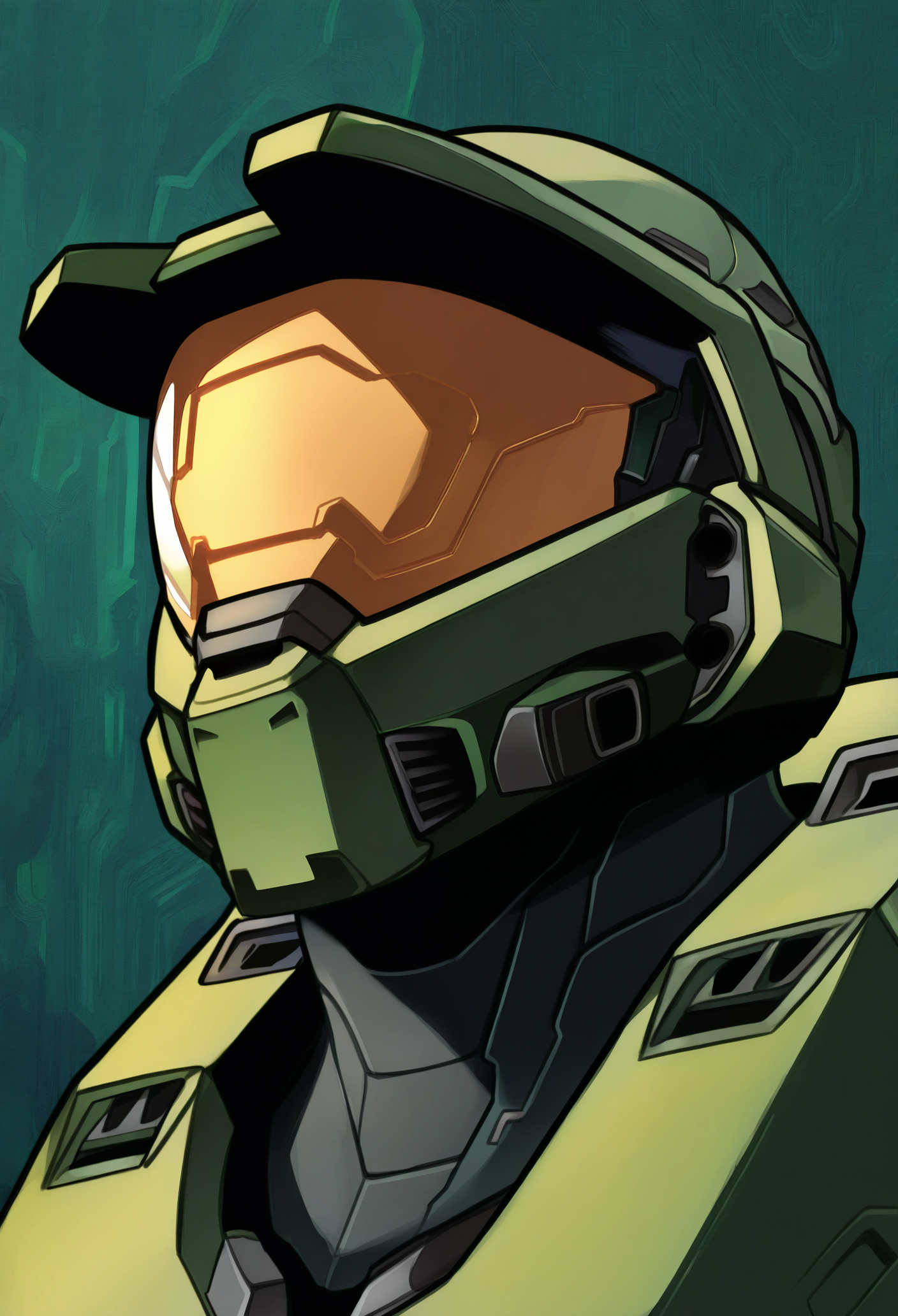 1boy, male focus, solo, abstract background, green theme, portrait, profile, 
helmet, visor, power armor, 
masterpiece, best quality, <lora:Kohei_Horikoshi-IllustriousV102-guy90:1>, ihshok, <lora:masterchief-halo-richy-v1_ixl:1>, masterchief