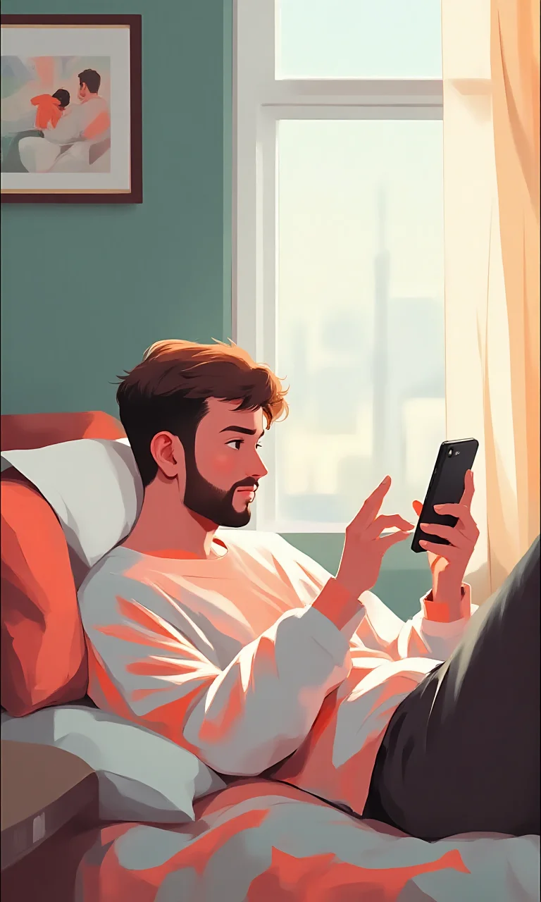 a man lying leisurely, using smart phone, relax, in his room, sunny day, wearing pajamas